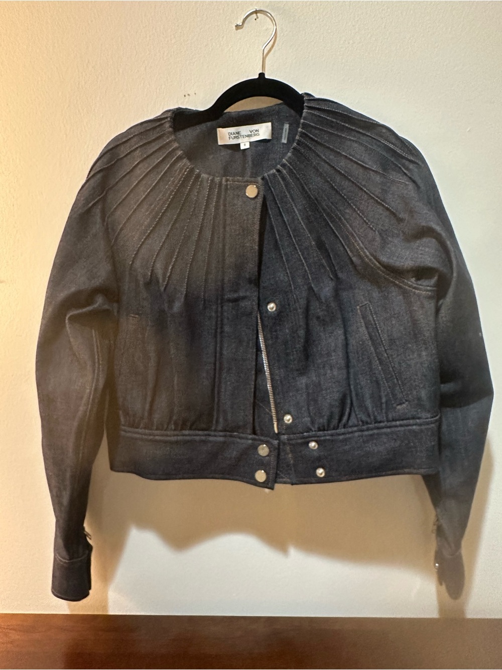 Diane Von Furstenberg Dark Denim Pleated-Yoke Cropped Jacket